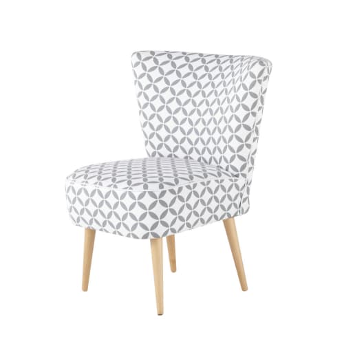 Cotton Patterned Vintage Armchair in Grey and White