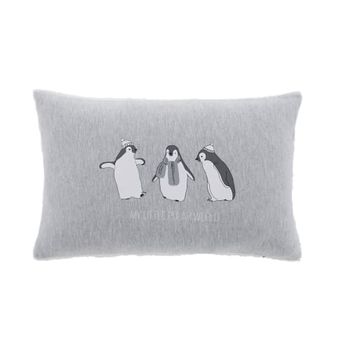 Coussin blanc et gris imprimé pingouins 25x40