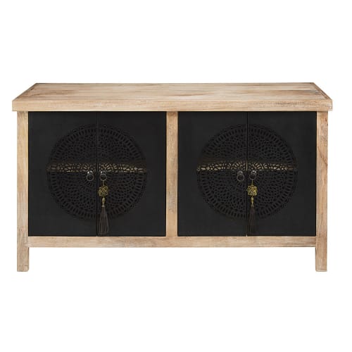 Credenza A 4 Ante Nero In Legno Massello Di Mango E Metallo Traforato