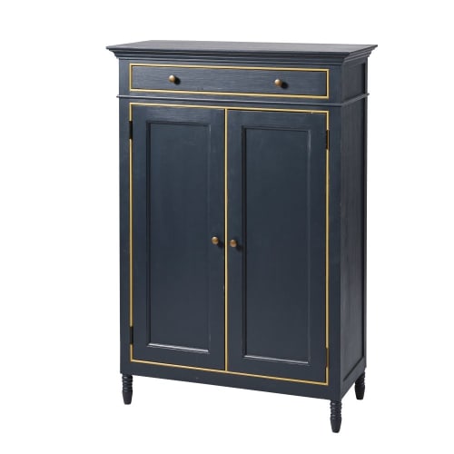 Credenza alta a 2 ante e 1 cassetto blu scuro e bordo giallo Luzia