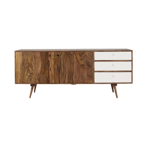Credenza bassa lunga a 2 ante e 3 cassetti in legno di sheesham