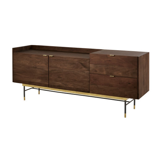 Credenza bassa lunga vintage a 2 ante e 2 cassetti in legno di acacia