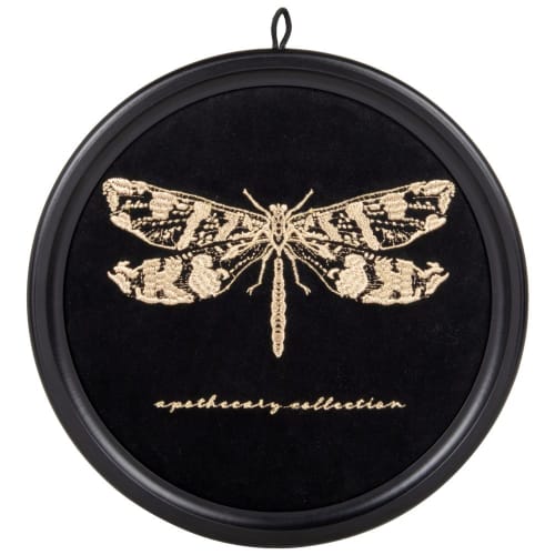 Cuadro decorativo redondo de terciopelo negro con libélula dorada bordada