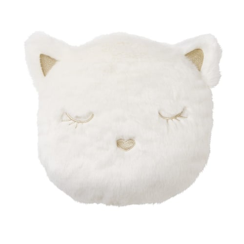 Cuscino gatto in pelliccia ecologica bianca ricamato dorato, 30x30 cm