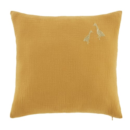 Cuscino goffrato con oca ricamata giallo senape e dorato, 35x35 cm