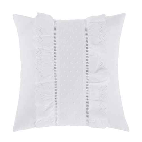 Cuscino in cotone bianco con volant e plumetis 45 cm x 45 cm
