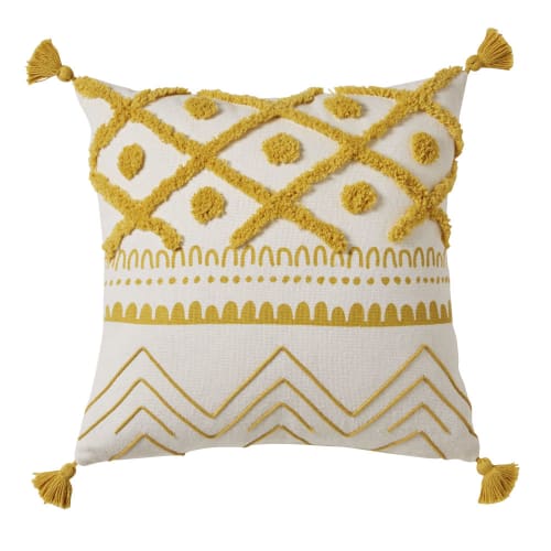 Cuscino in cotone écru motivi grafici giallo senape e pompon, 40x40 cm
