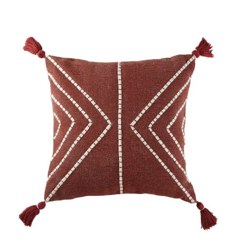 Cuscino in cotone rosso ed écru con pompon 45 cm x 45 cm