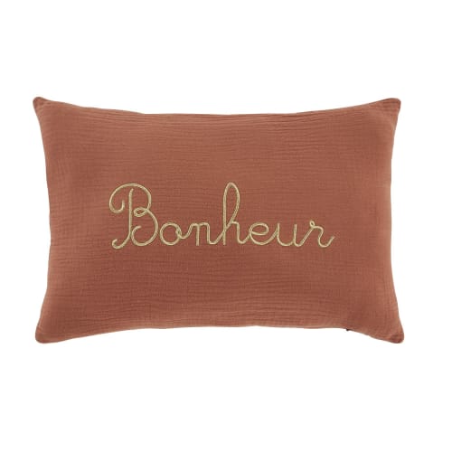 Cuscino in garza di cotone stampa "Bonheur" dorato e terracotta, 25x40 cm