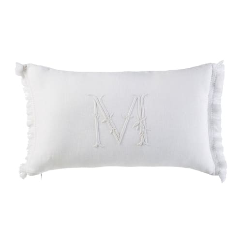 Cuscino in lino bianco lettera ricamata a frange, 30x50 cm