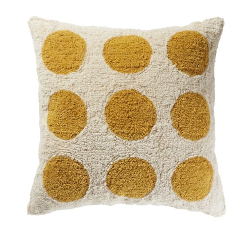 Cuscino taftato in cotone ecru e giallo senape 60 cm x 60 cm