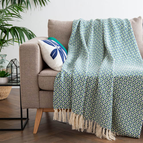 Decke aus Baumwolle mit bunten grafischen Mustern und Fransen 130x170