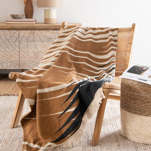 Textil Decken und Bettüberwürfe | Decke aus Baumwolle mit Palmendruck, ecru, orange und schwarz, 130x170cm - KI93872