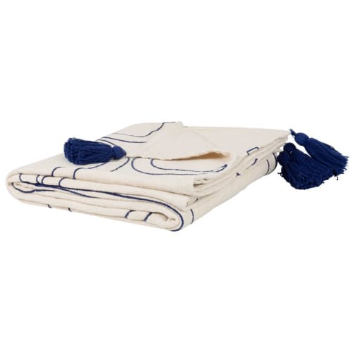 Textil Decken und Bettüberwürfe | Decke aus Baumwolle mit Stickerei und Pompons, ecru und blau, 155x210cm - FZ29127