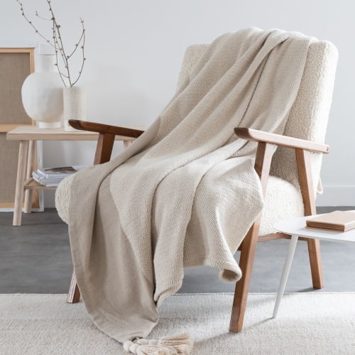 Textil Decken und Bettüberwürfe | Decke aus gewebter Baumwolle, ecrufarben und beige mit Quasten, 220x240cm - JM50016