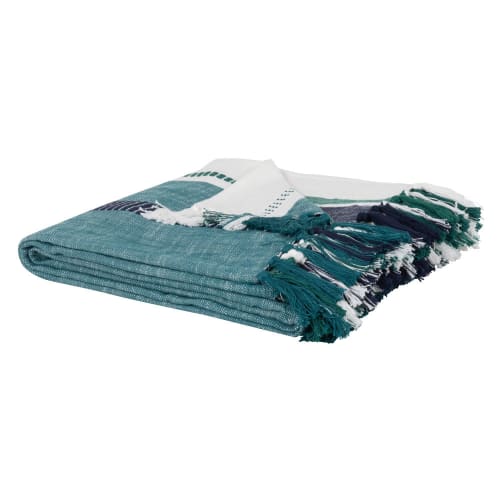 Textil Decken und Bettüberwürfe | Decke aus gewebter Baumwolle mit blauen, grünen und ecrufarbenen Fransen, 160x210cm - PG95518