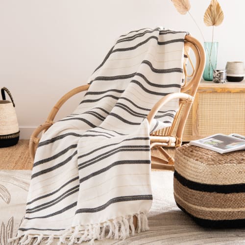 Textil Decken und Bettüberwürfe | Decke aus gewebter Baumwolle mit ecrufarbenen und schwarzen Fransen, 180x240cm - EU89113