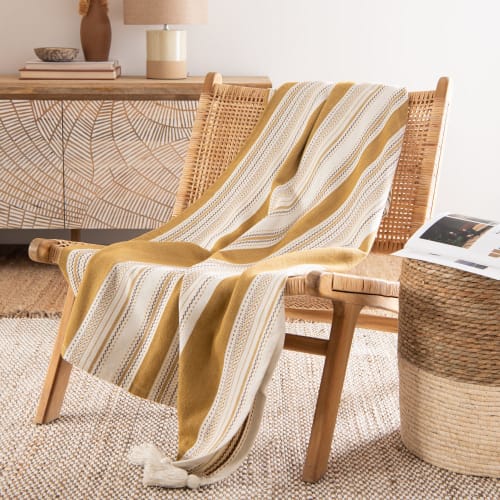 Textil Decken und Bettüberwürfe | Decke aus gewebter Bio-Baumwolle mit Streifen und Pompons, ecru, beige und grau, 160x210cm - KI36963