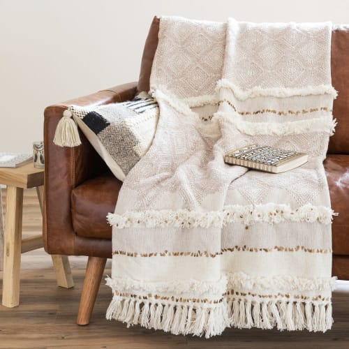Textil Decken und Bettüberwürfe | Decke aus recycelter Baumwolle, ecru und beige, 160x210cm - AA53923