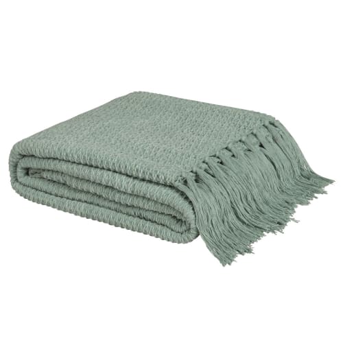 Textil Decken und Bettüberwürfe | Decke aus recycelter Baumwolle, grün-meliert mit Fransen, 180x240cm - LR69931