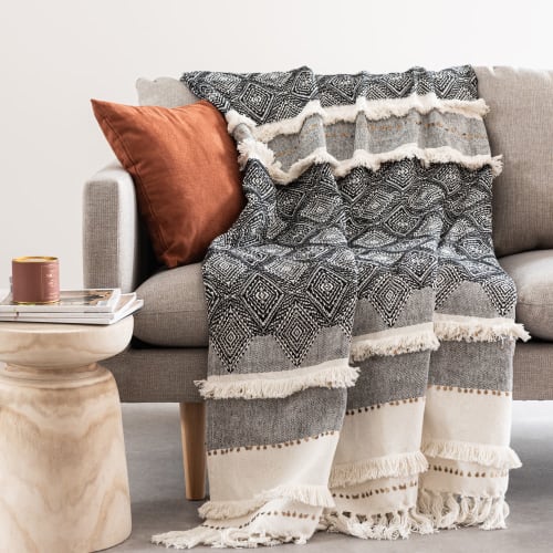 Textil Decken und Bettüberwürfe | Decke aus recycelter Baumwolle mit Webmotiven, schwarz und weiß, 160x210cm - QD52855
