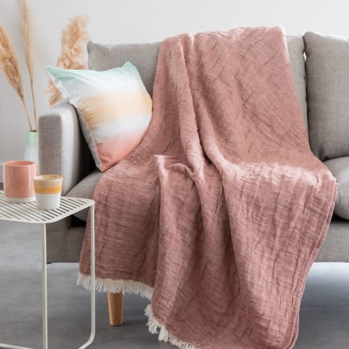 Textil Decken und Bettüberwürfe | Decke aus terrakottafarbener Baumwoll- und Leinengaze, 160x210cm - BP00703