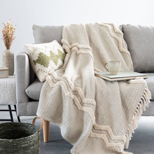 Textil Decken und Bettüberwürfe | Decke mit Fransen und Bändern, ecru und olivgrün, 160x210cm - SI65993