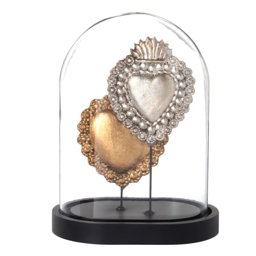 Decorative glass bell jar with gold and silver hearts H22cm