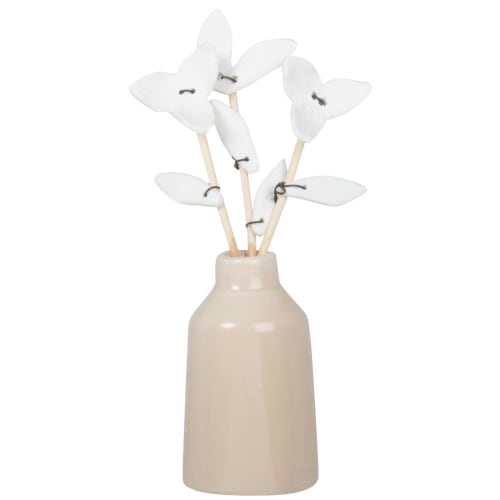 Dekoration Figuren und Statuen | Deko-Vase aus beigem Porzellan mit weißen Blumen, H19cm - JE20291