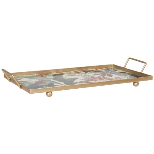 Tischkultur Holztablett und Serviertablett | Dekotablett aus goldfarbenem Metall mit buntem Blättermotiv - SQ41555