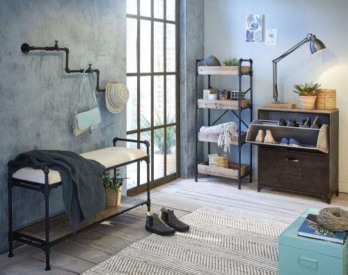 Dielenbank im Industriestil aus schwarzem Metall und Kiefernholz Wayne