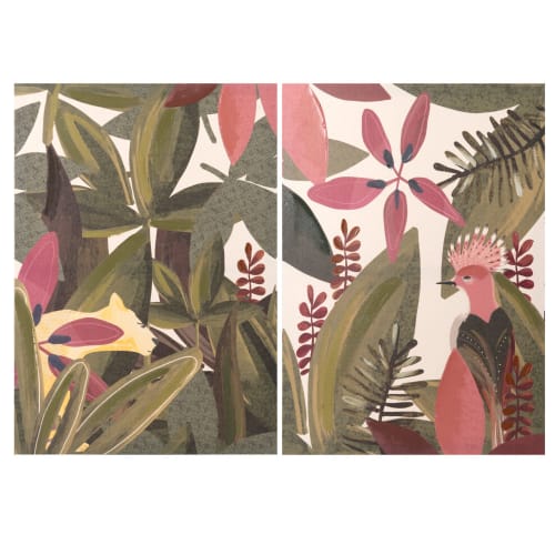 Diptychon gedruckt und gemalt Blumen und Blätter grün, gelb, rosa und ecru 64x45