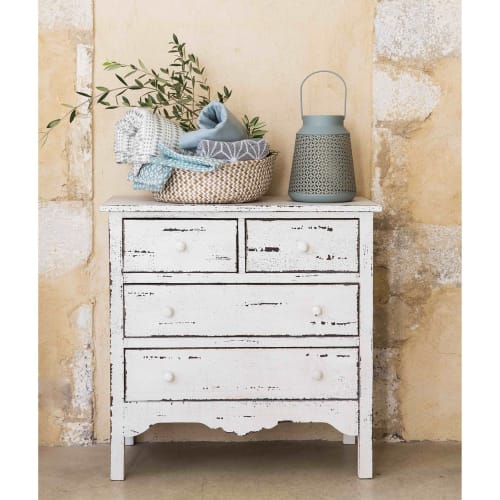 Distressed Wood Chest Of Drawers In White W 77cm Castillon
