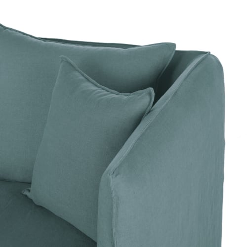 Divano angolare destro trasformabile a 3/4 posti in lino stropicciato blu  celadon, materasso 10 cm Louvain