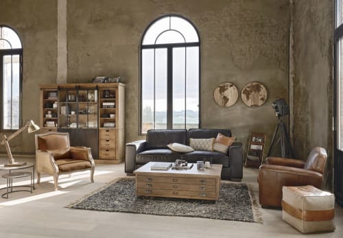 Divano Vintage In Pelle Nero 3 Posti Colonel Maisons Du Monde