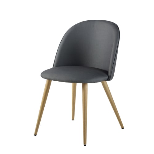 Donkergrijze vintage stoel uit metaal met eikenhouteffect