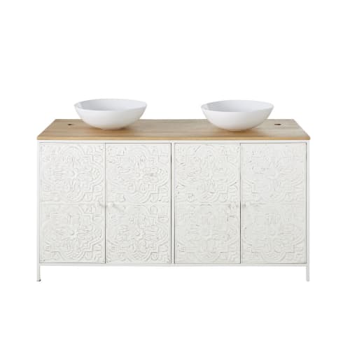 Möbel Waschbeckenunterschränke | Doppel-Waschtisch mit 4 Türen aus Mangoholz mit weißen geprägten Metallblättern - YJ04820