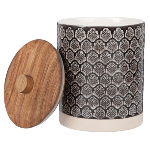 Tischkultur Dosen und Bonbonschachteln | Dose aus Steinzeug mit grafischen Motiven und Akazienholz H15 - NC15989
