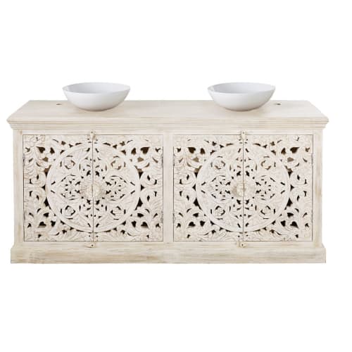 Double washbasin cabinet in solid white mango wood with aged effect