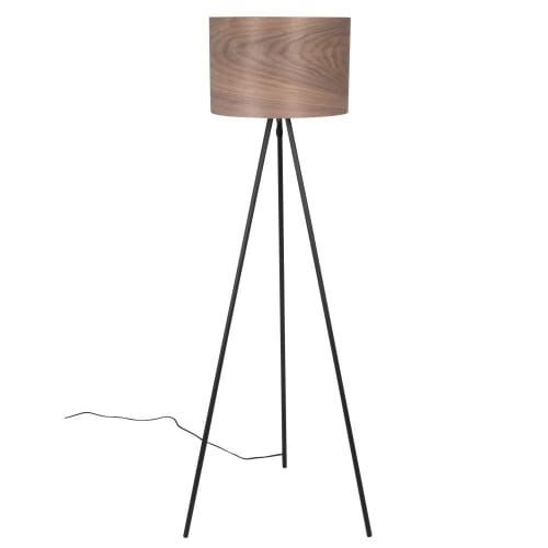 Dreibein-Stehlampe aus schwarzem Metall mit Lampenschirm aus braunem Nussbaumholz, H146cm