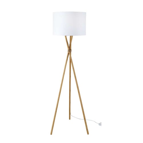 Dreifuß-Stehlampe aus Bambus mit weißem Lampenschirm H154