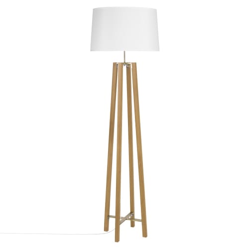 Dreifuß-Stehlampe aus Eichenholz mit weißem Lampenschirm, H160
