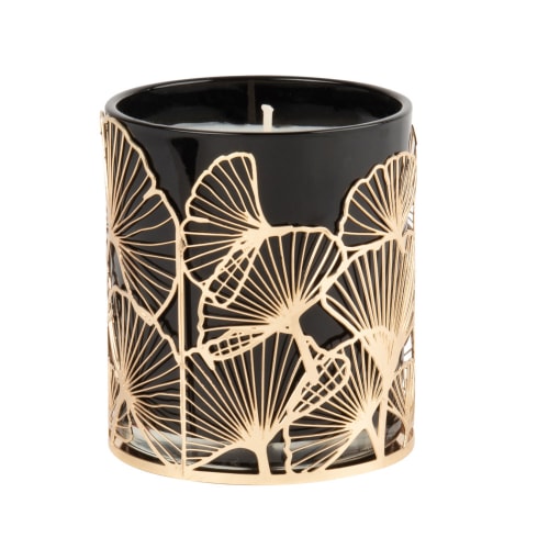 Dekoration Kerzen und Teelichter | Duftkerze im Glas, grau, mit Ginkgo-Motiven aus goldfarbenem Metall, 200g - BL46577