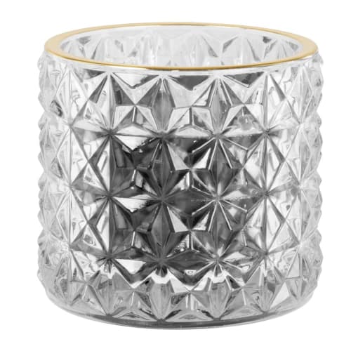Dekoration Kerzen und Teelichter | Duftkerze in geschliffenem Glasbehälter, hellgrau und gold, 210g - VM06586