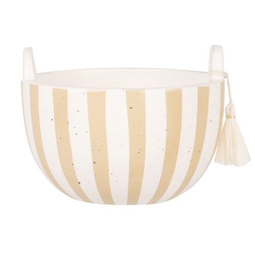 Dekoration Kerzen und Teelichter | Duftkerze in Keramikgefäß mit Streifenmuster, weiß und beigefarben 300g - QB83957