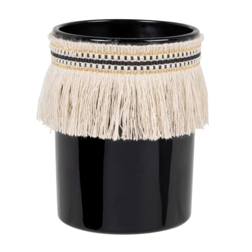 Dekoration Kerzen und Teelichter | Duftkerze in schwarzem Glasgefäß mit weißen Fransen 210g - TJ02037