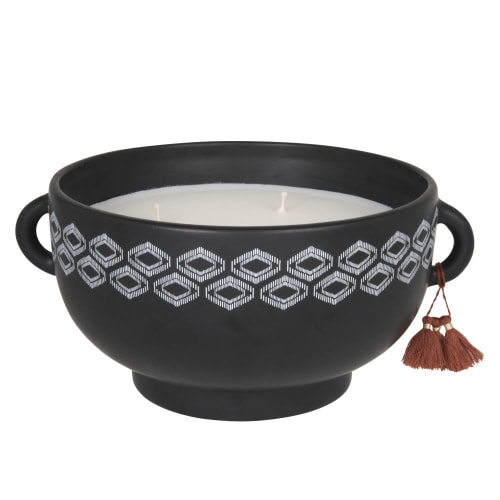 Dekoration Kerzen und Teelichter | Duftkerze in schwarzem Keramikgefäß mit weißen grafischen Motiven - FB47022