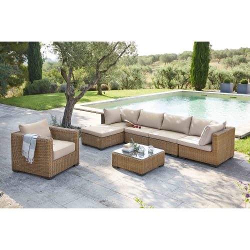 Garten Sitzelemente für den Garten | Eckelement für Gartensofa aus Kunstharzgeflecht mit sandfarben Stoffpolster - GF44944