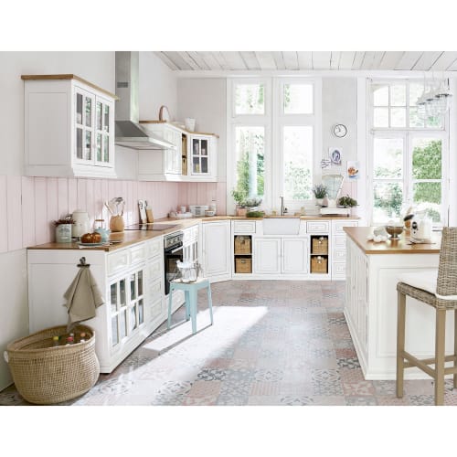 Eckunterschrank für die Küche aus Mangoholz, B133, elfenbein Eleonore