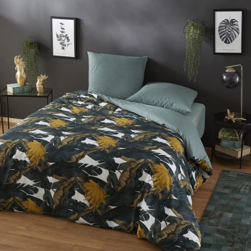 Ecru And Green Cotton Bedding Set With Banana Tree Print 240x260